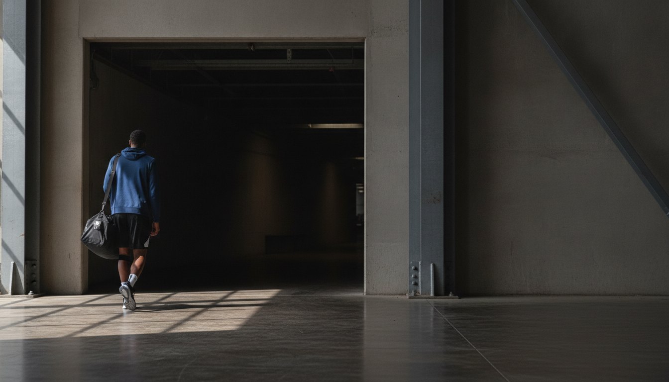 Jogador de basquete de costas caminhando em direção ao túnel escuro do vestiário.