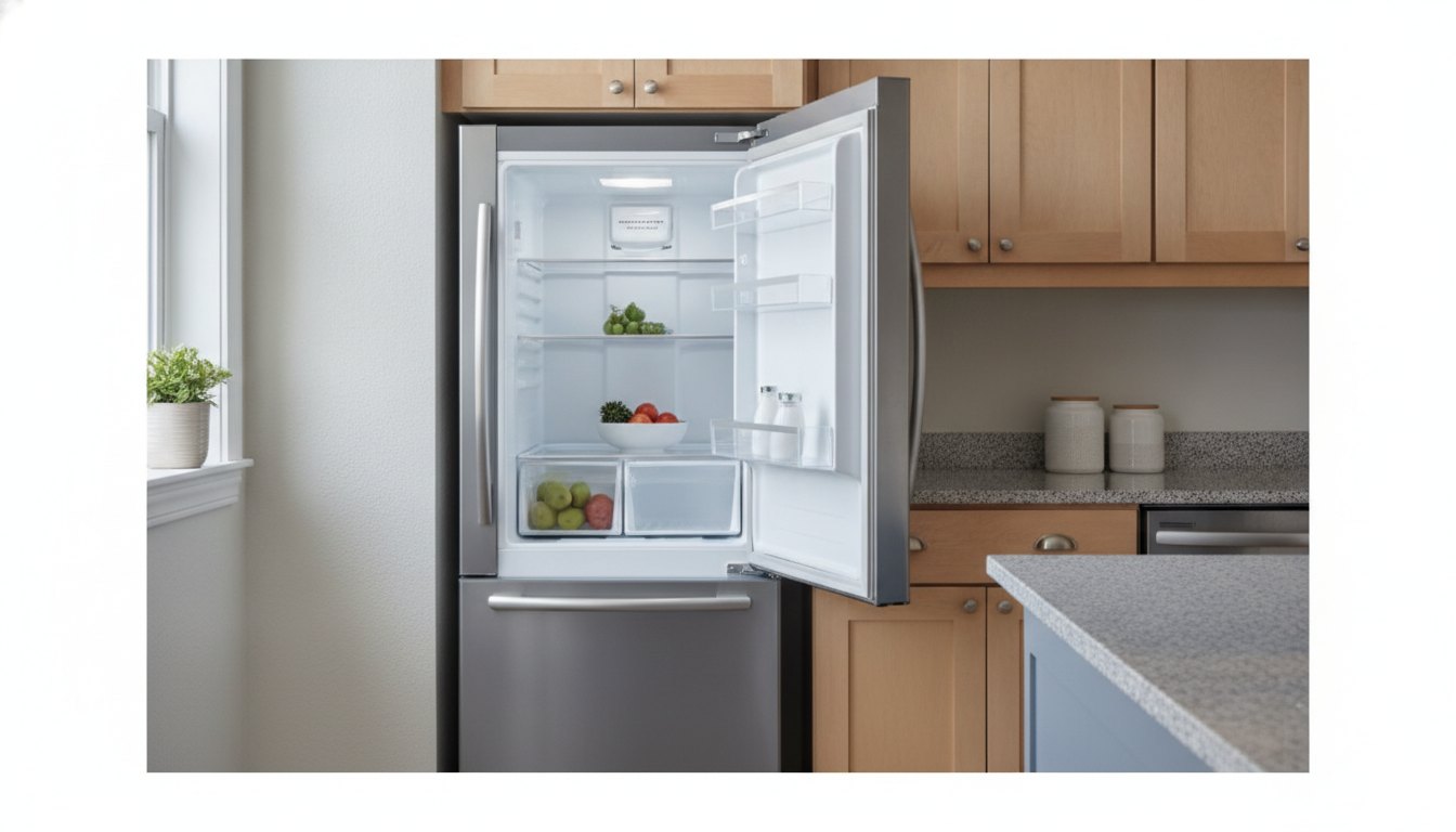 Geladeira de inox em uma cozinha com pouco espaço entre o gabinete e a parede.