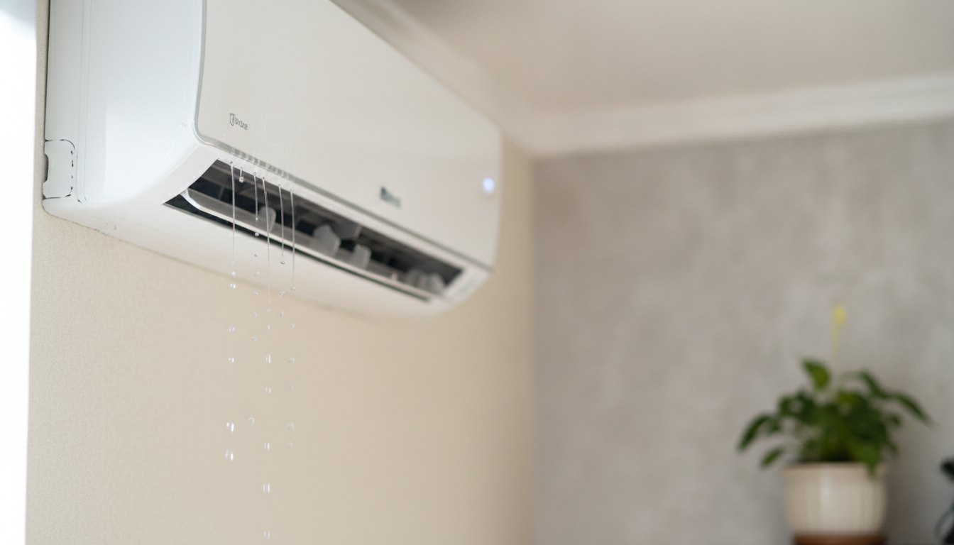 Aparelho de ar-condicionado split branco instalado na parede com gotas de água caindo do painel.