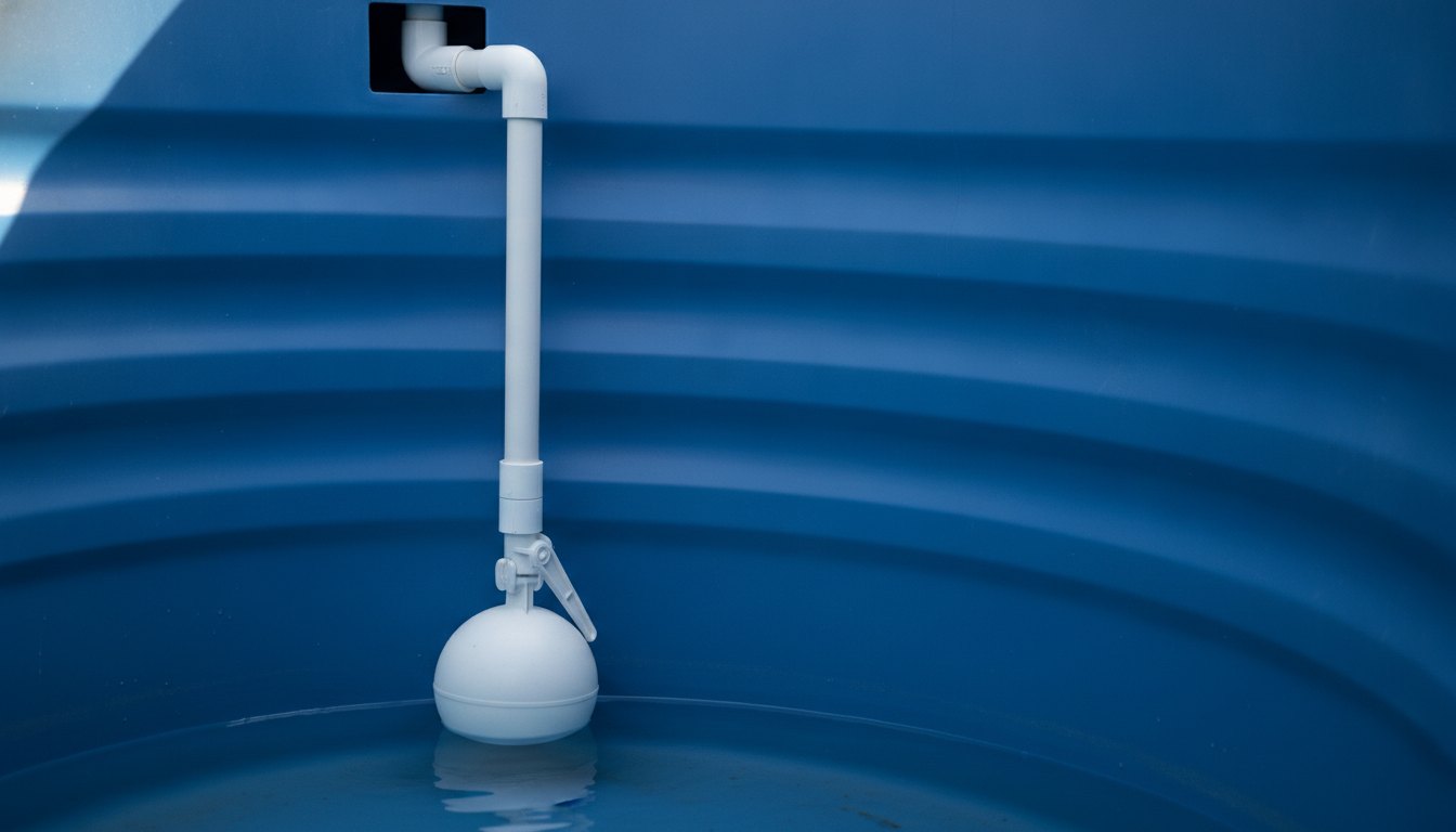 Interior de uma caixa d'água azul mostrando a boia de plástico conectada ao cano branco.