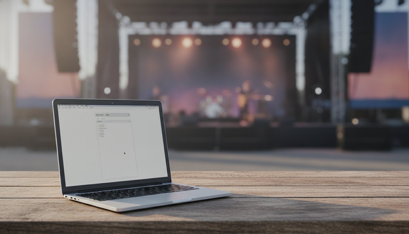 Profissional de comunicação digitando em um notebook com um palco de evento musical desfocado ao fundo.