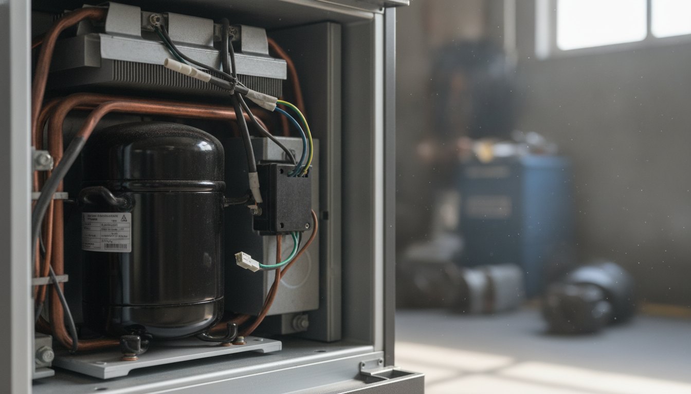 Parte traseira de um refrigerador aberta revelando o motor compressor preto e conexões elétricas.