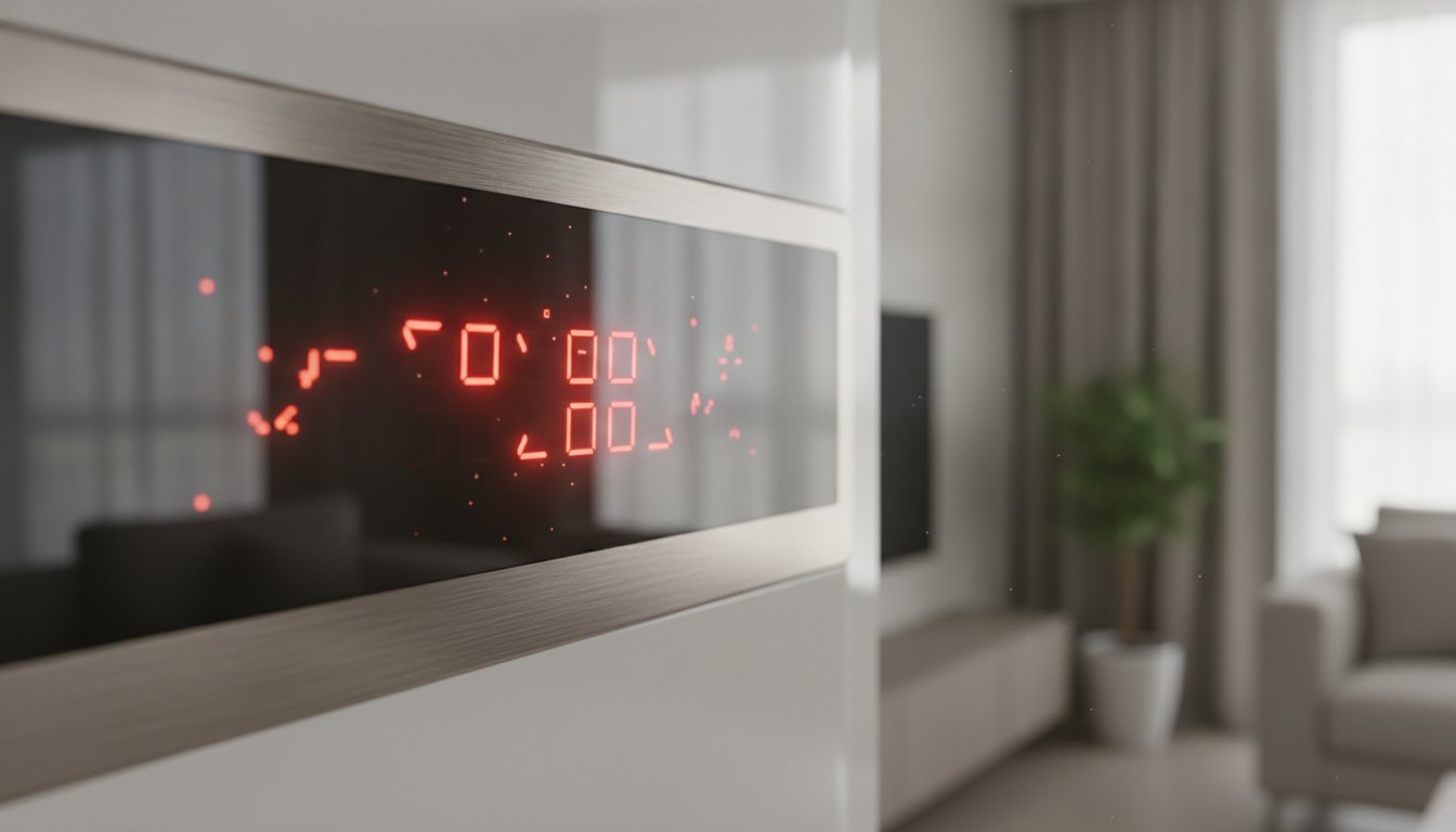 Painel digital de um ar-condicionado exibindo um código luminoso de alerta vermelho.