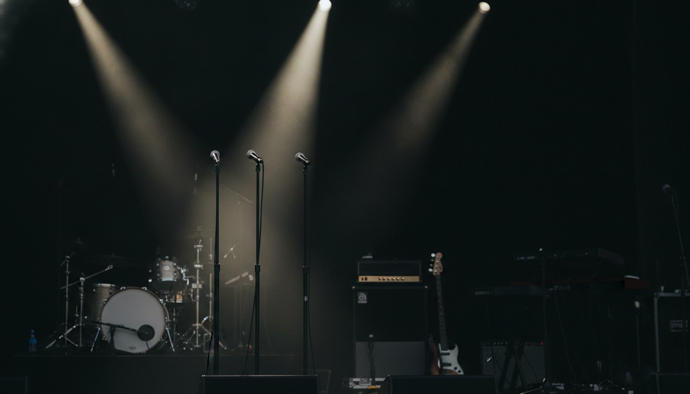 Silhueta de músicos em um palco escuro com luzes focadas em microfones vazios.