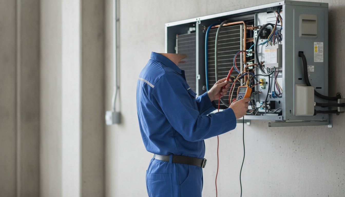 Técnico uniformizado inspecionando a parte traseira de um ar-condicionado com ferramentas de medição em mãos.