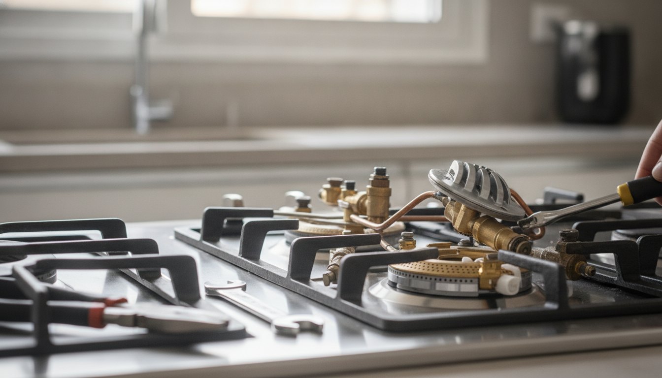 Técnico com ferramentas ajustando as peças internas da boca de um fogão cooktop residencial.