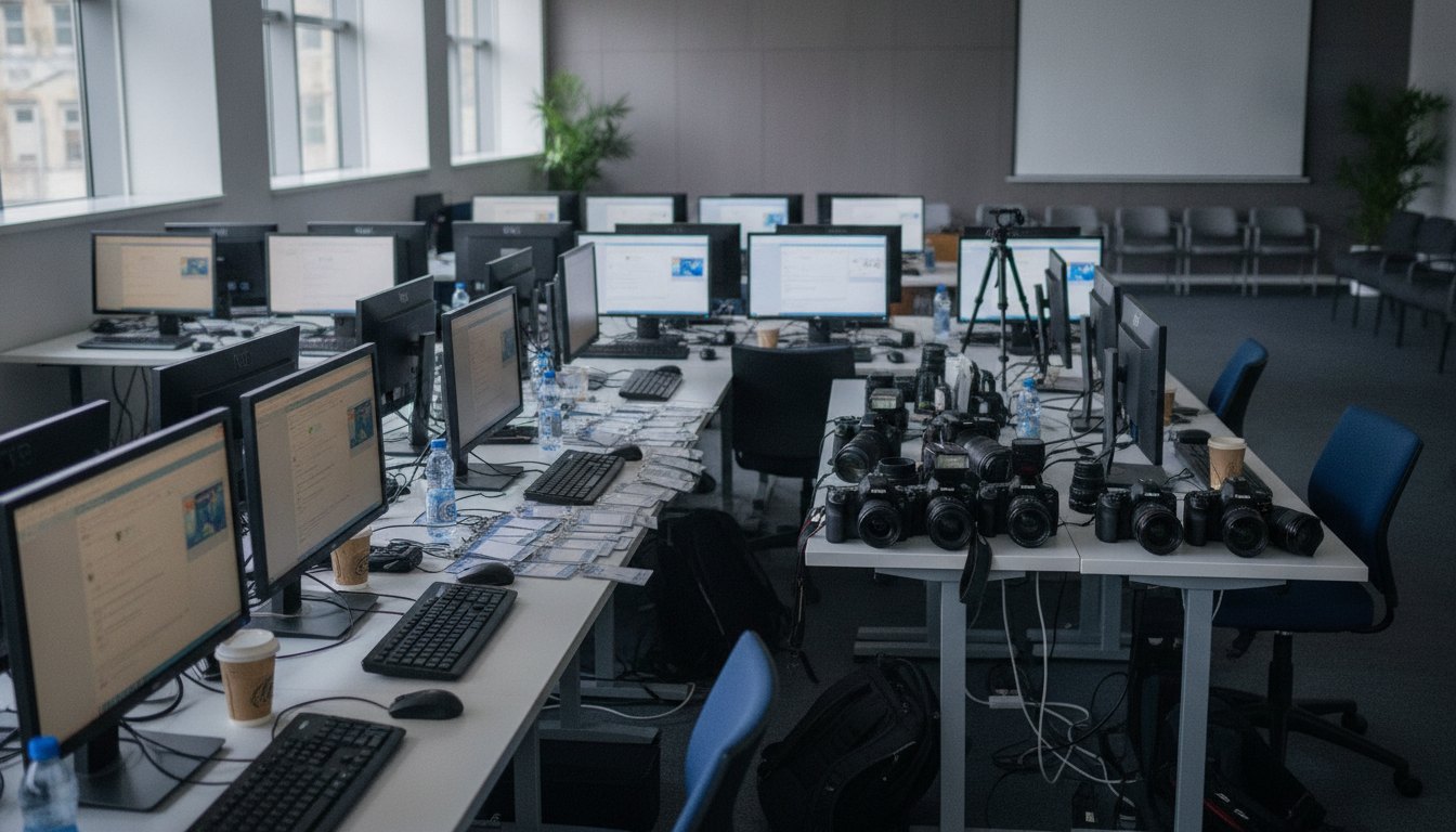 Repórteres e fotógrafos com crachás trabalhando em uma sala de apoio com computadores e credenciais.