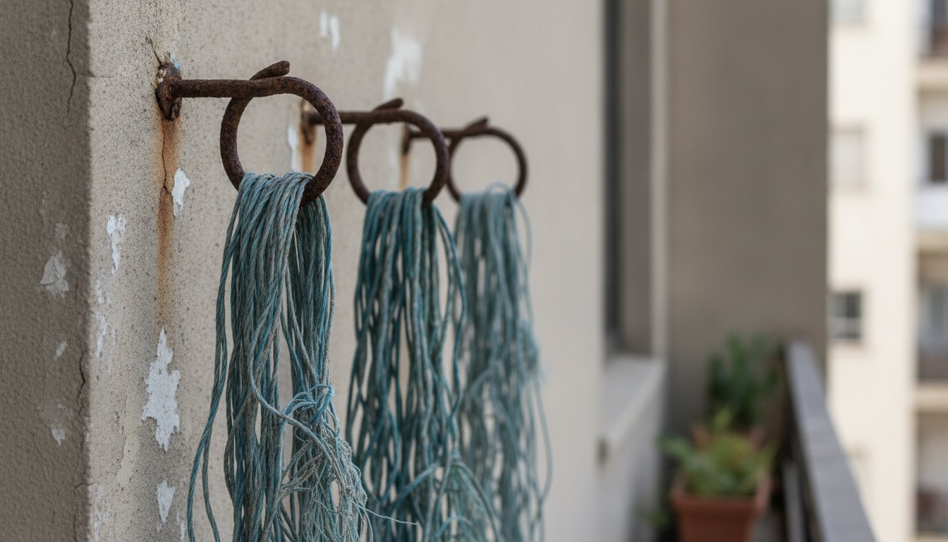Ganchos metálicos oxidados segurando fios de polietileno em uma varanda de apartamento.