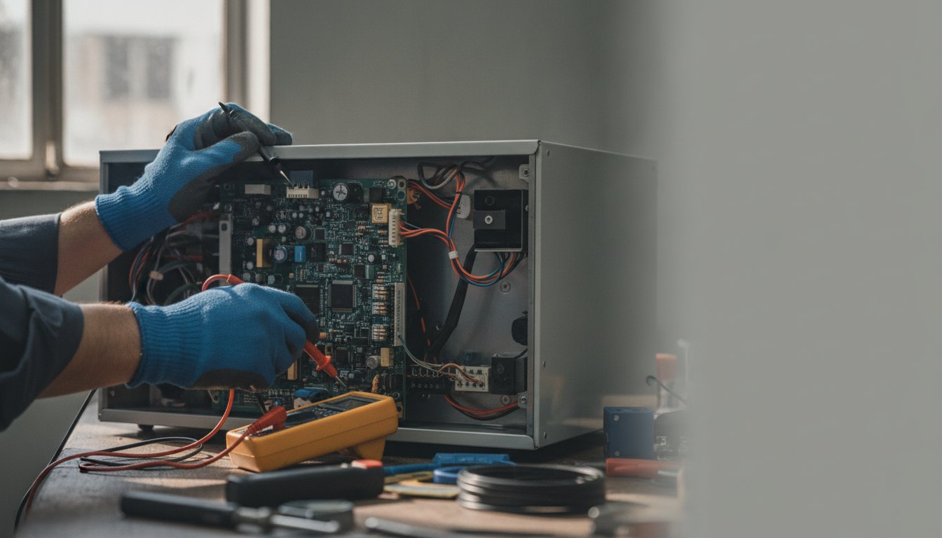 Profissional com luvas e ferramentas testando a placa eletrônica de um equipamento com multímetro digital.