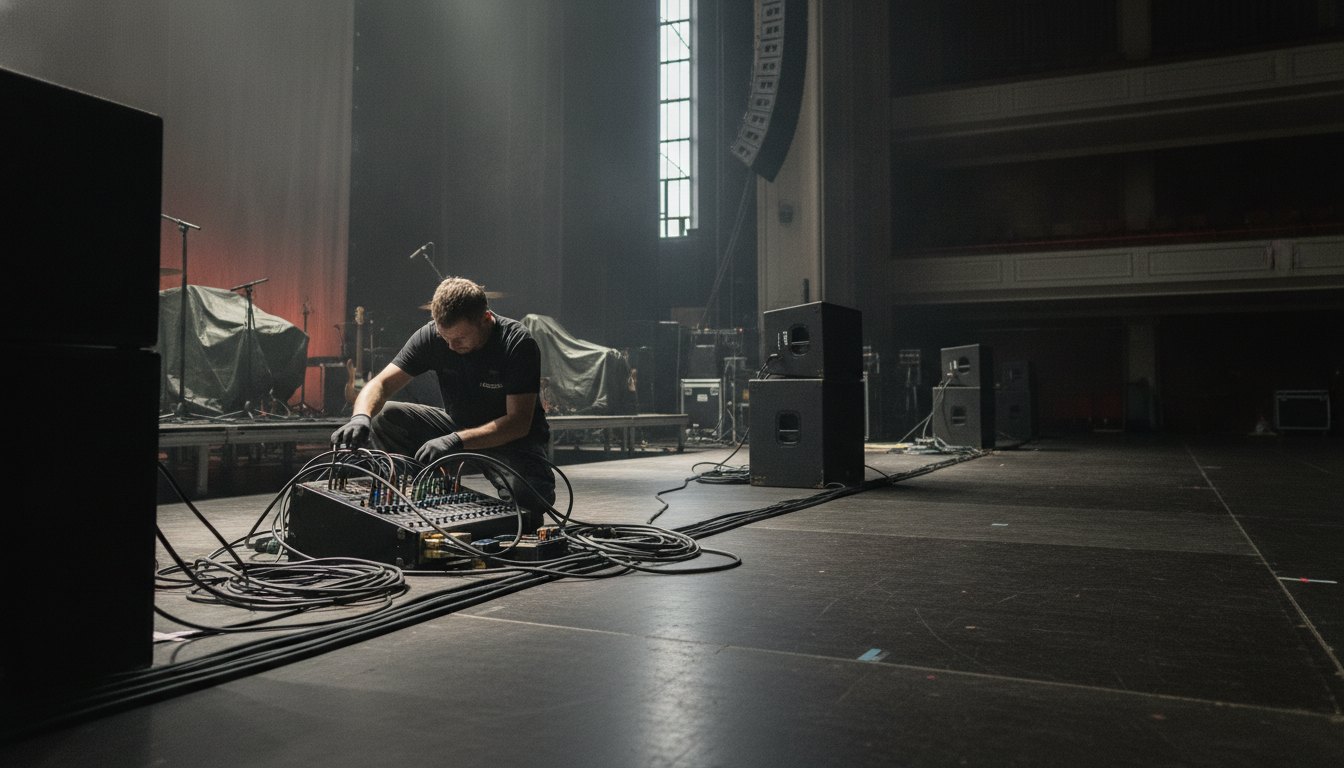 Técnico de som ajustando cabos no palco vazio antes de um grande show.