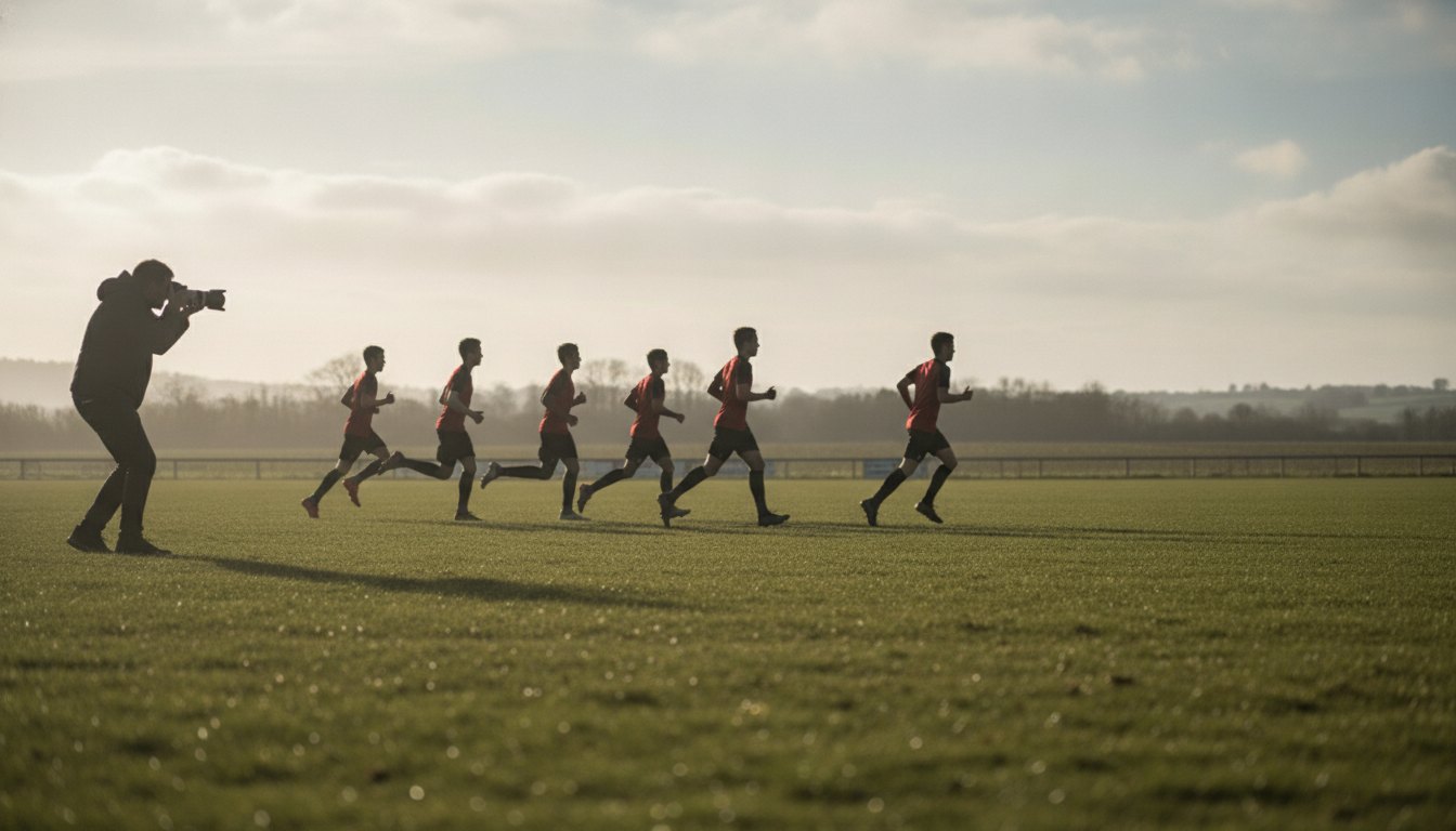 Jovens atletas correm em um campo de futebol enquanto um fotógrafo registra a movimentação lateral.