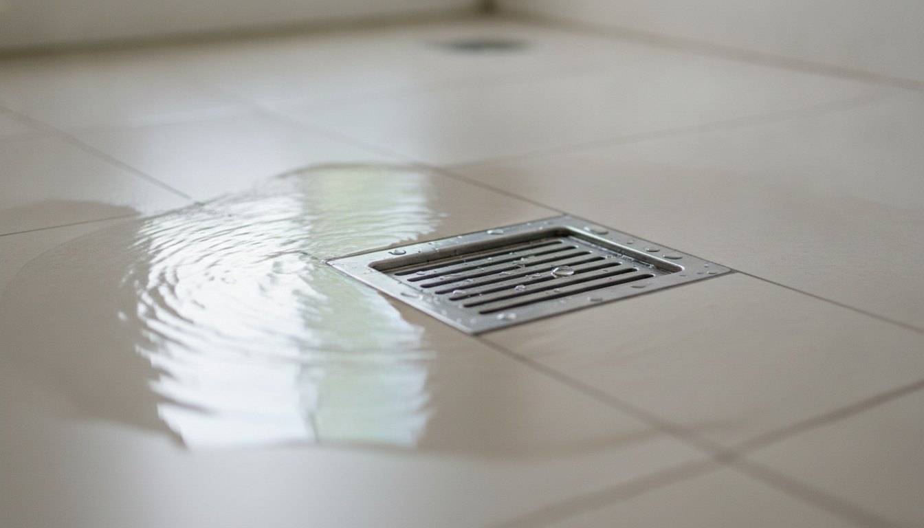 Ralo de banheiro em aço inox com acúmulo de água ao redor do piso claro.