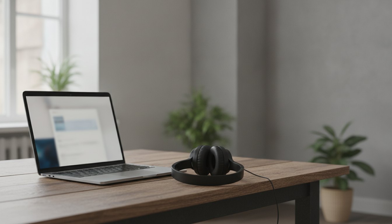 Pessoa digitando em um notebook em mesa de madeira com fones de ouvido ao lado.