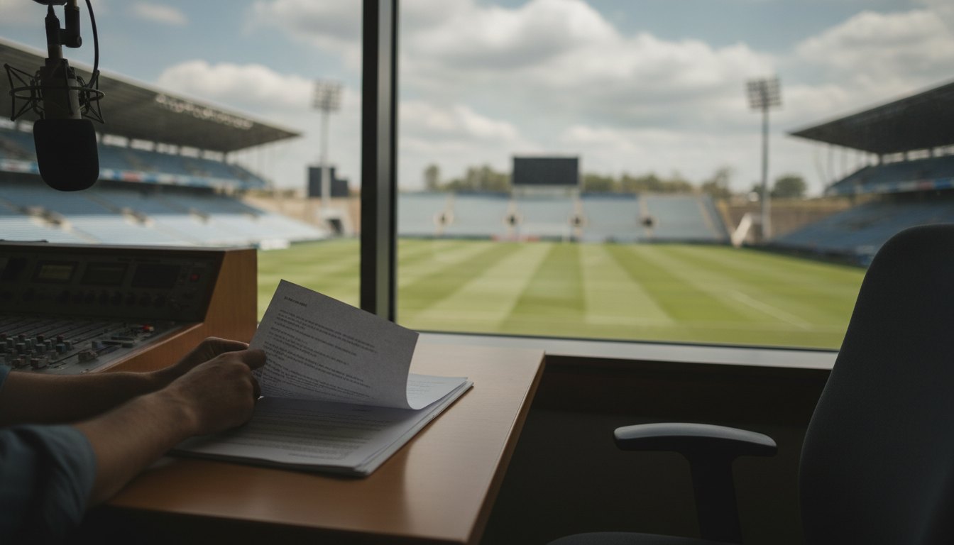Jornalista esportivo em cabine de rádio folheando um documento enquanto olha para o campo.