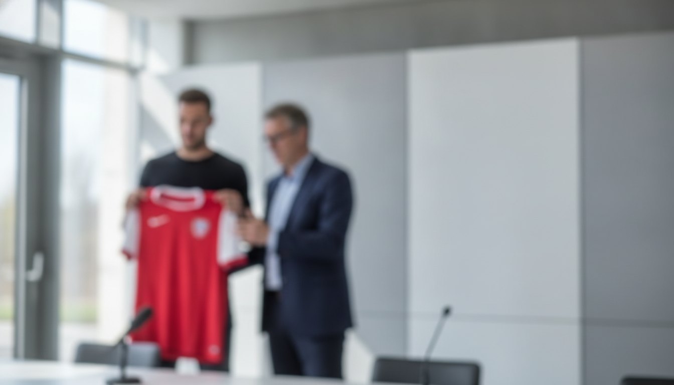 Atleta segurando uma camisa oficial de jogo ao lado de um dirigente durante uma entrevista coletiva.