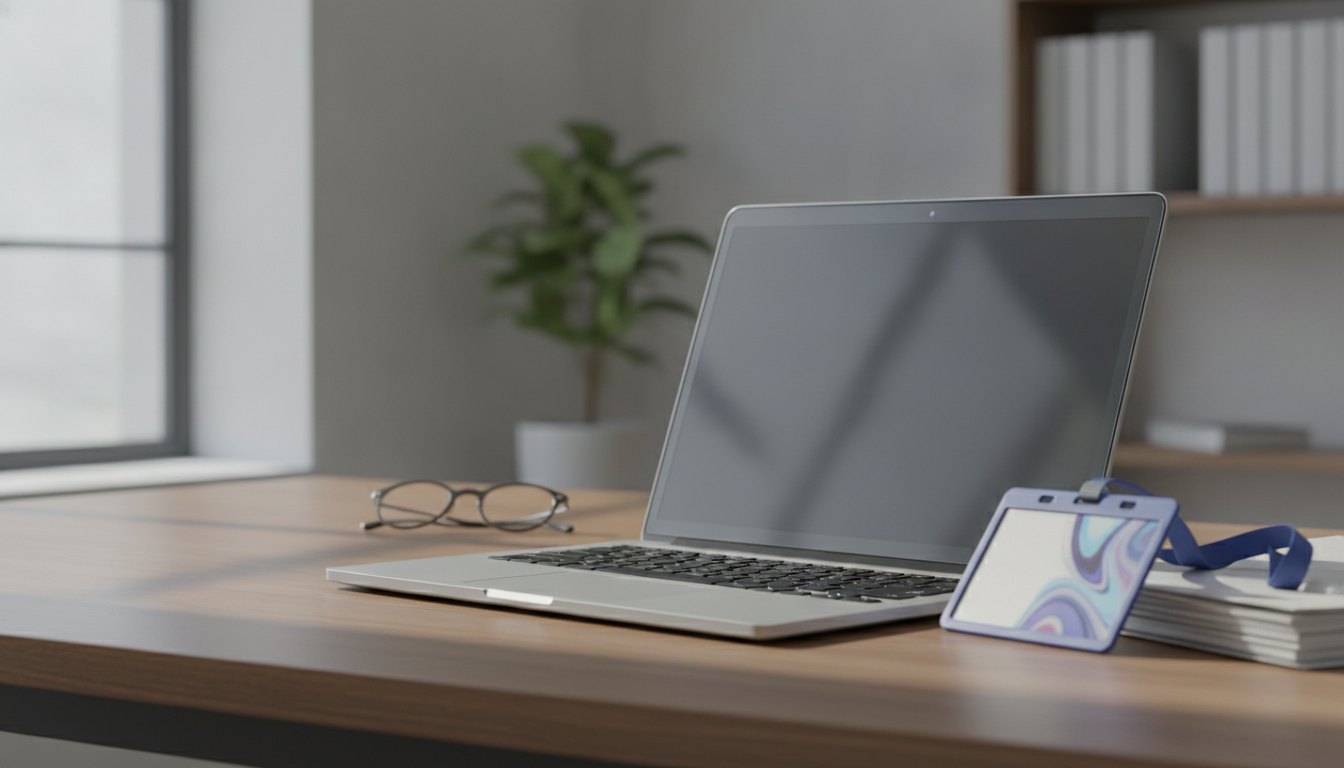 Jornalista digitando em um notebook com uma credencial de show apoiada sobre a mesa de trabalho.