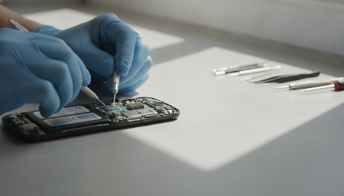 Técnico com luvas analisando os componentes internos de um smartphone aberto sobre uma bancada iluminada.