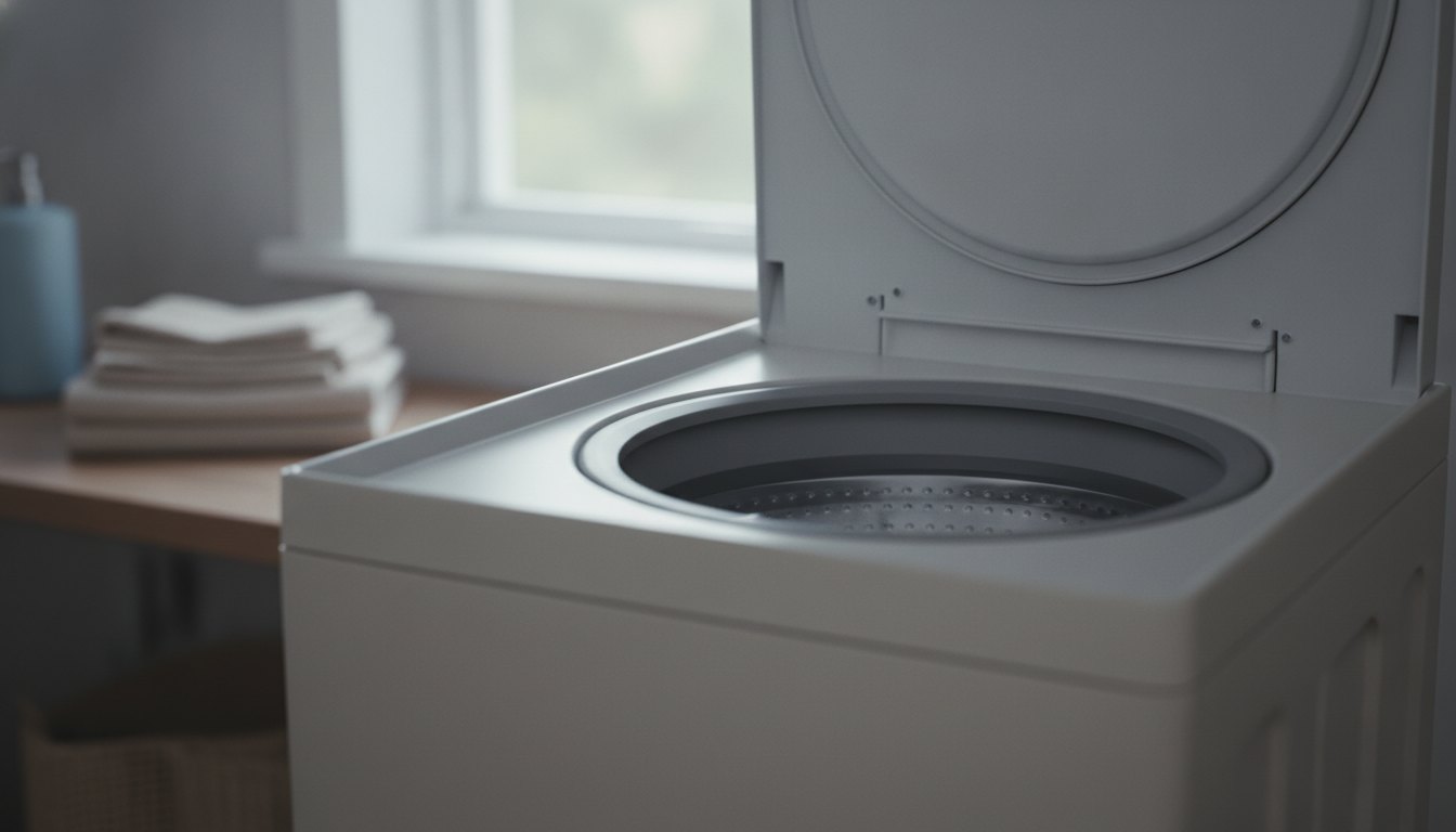 Máquina de lavar roupas aberta com água parada no fundo do cesto de inox.
