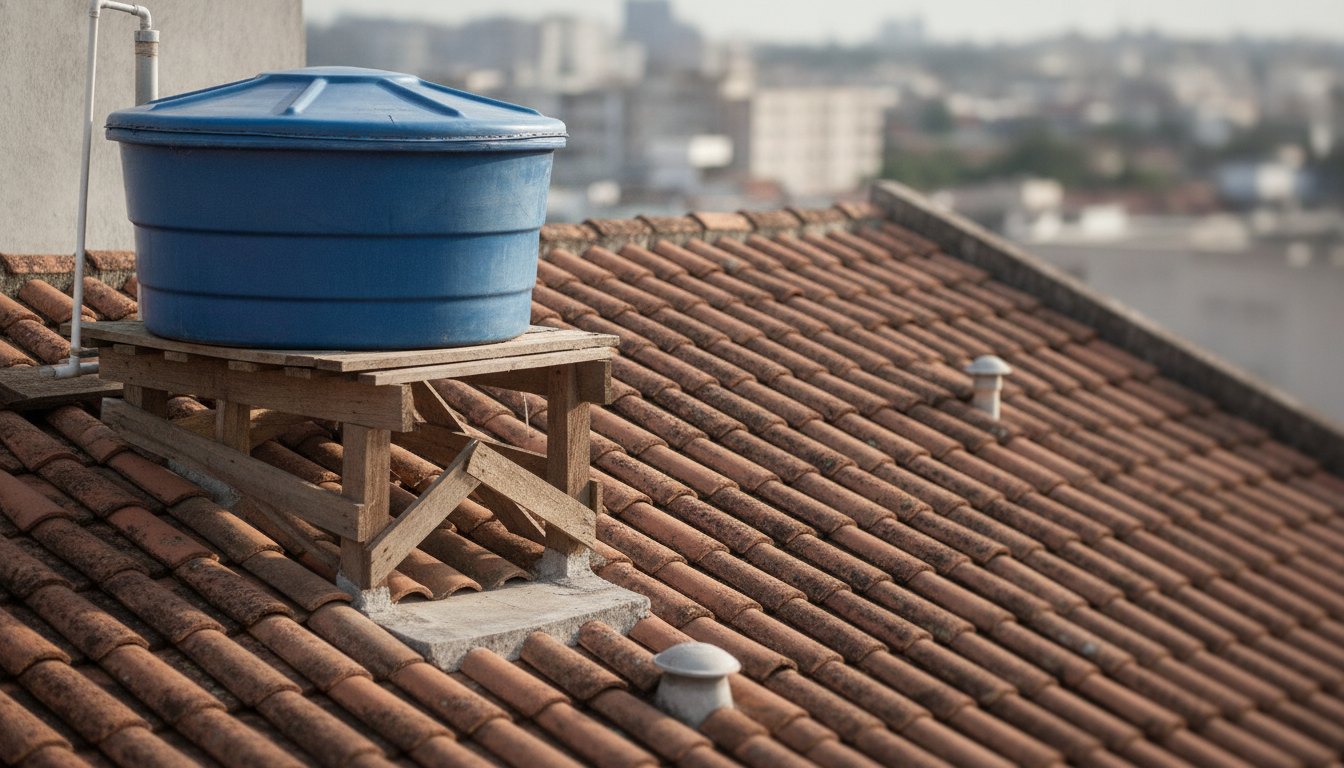 Caixa d'água de polietileno azul instalada sobre estrutura de madeira em um telhado.