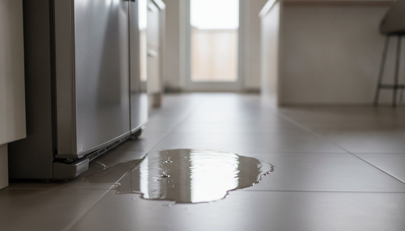 Poça de água no piso da cozinha perto da base de uma geladeira metálica.