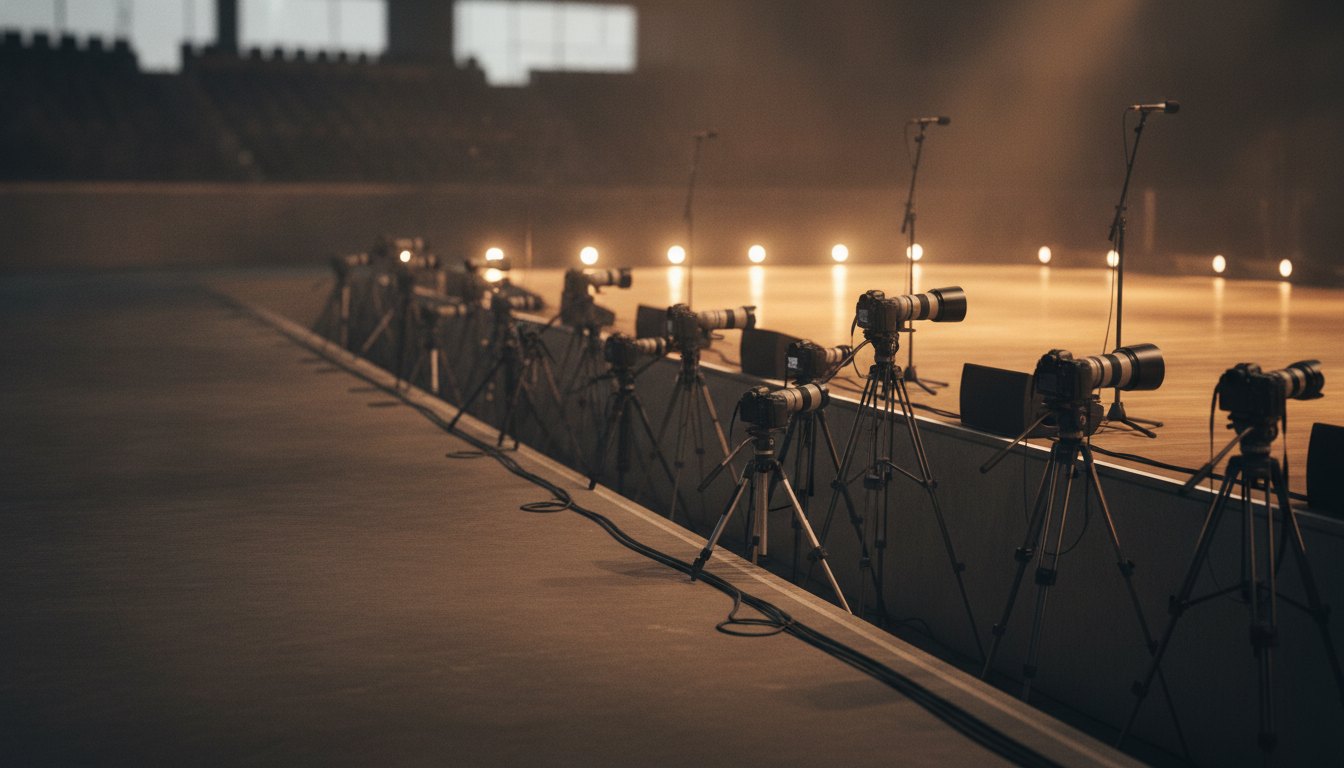 Fotógrafos com câmeras profissionais alinhados no fosso em frente a um palco iluminado.