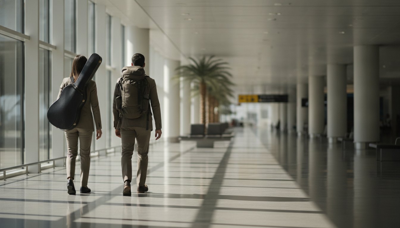 Músico com violão e atleta com mochila caminhando em um saguão de aeroporto.
