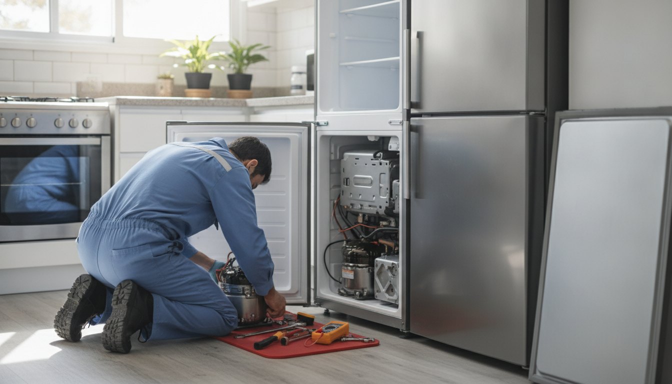 Técnico uniformizado inspecionando o motor de uma geladeira em uma cozinha bem iluminada.
