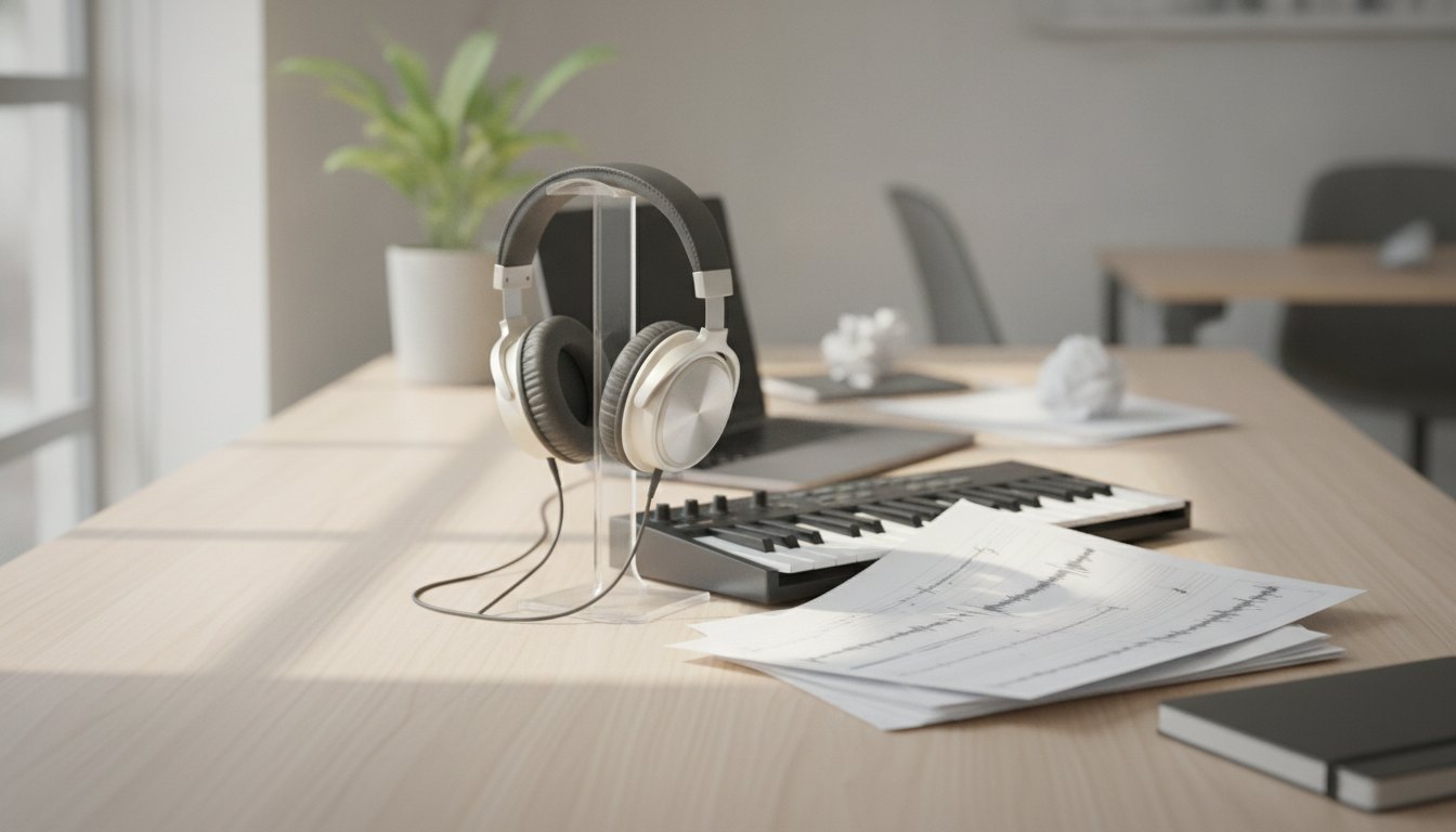 Mesa de trabalho com fones de ouvido, teclado musical e folhas de papel impressas.