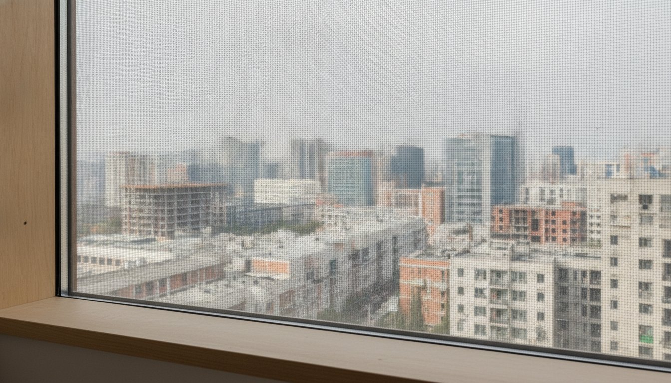 Janela de apartamento com tela de segurança instalada e vista para prédios urbanos.