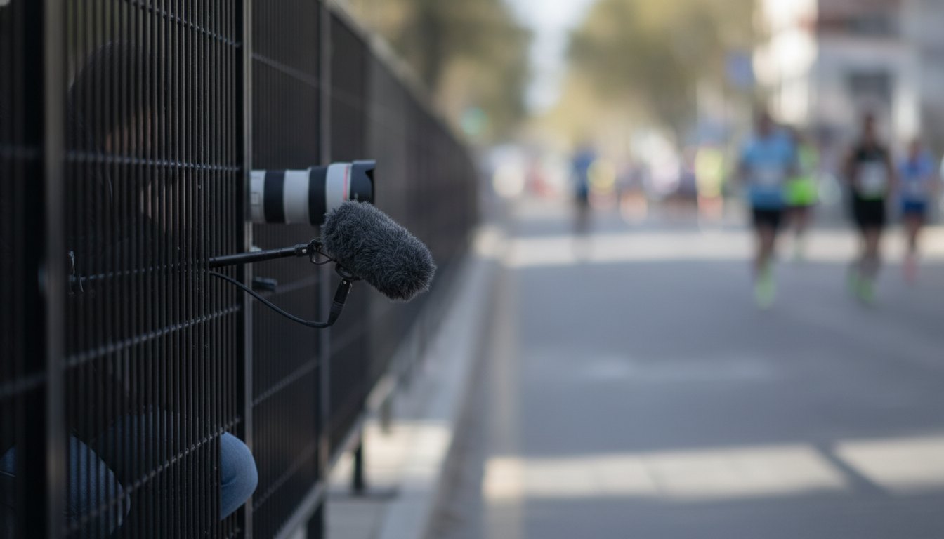 Repórter com microfone e fotógrafo com câmera posicionados atrás de grade durante corrida de rua.