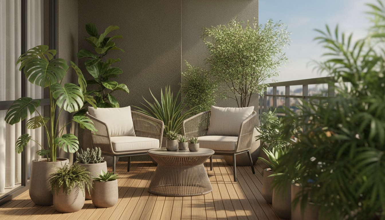 Varanda residencial com piso de madeira, móveis de fibra sintética e vasos com plantas variadas.