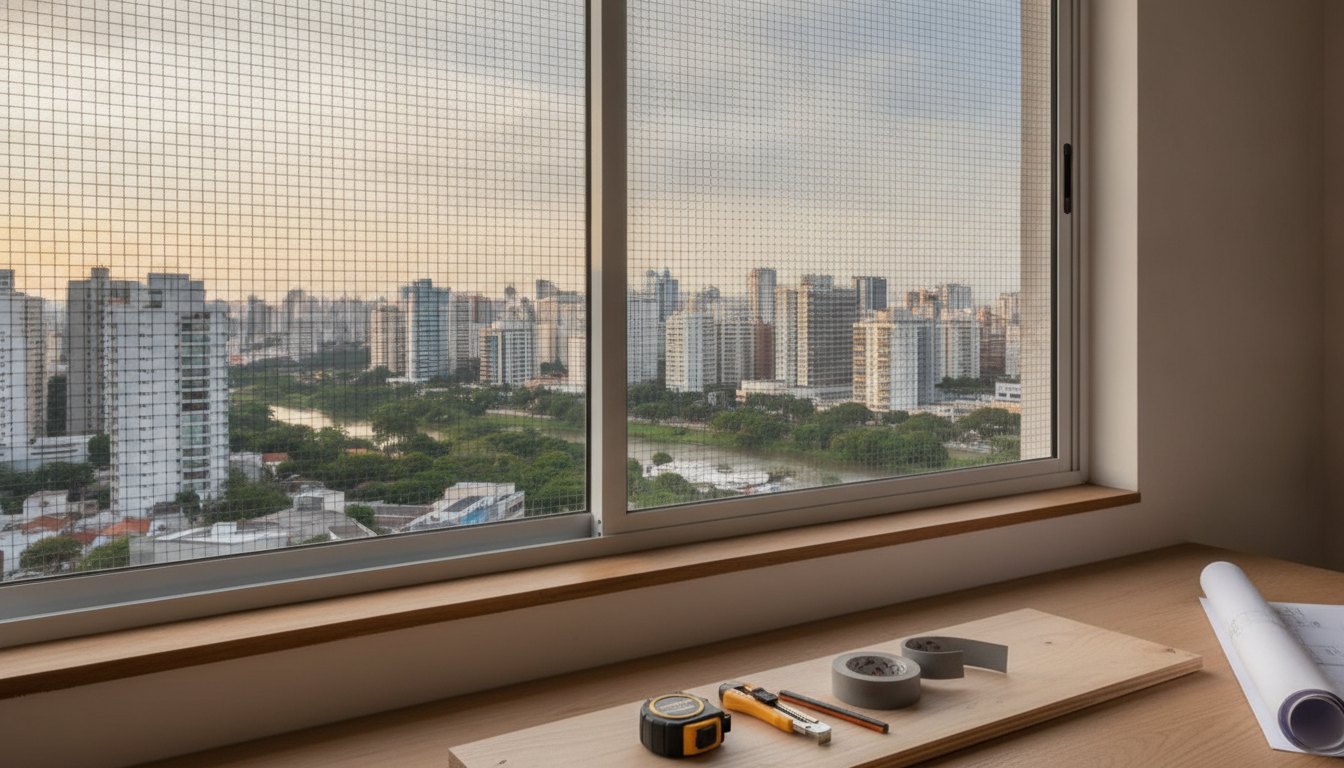 Janela de apartamento com tela de proteção instalada e vista para a cidade ao fundo.