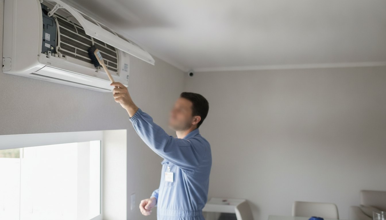 Técnico fardado higienizando as aletas de uma unidade interna de ar-condicionado com um pincel macio.