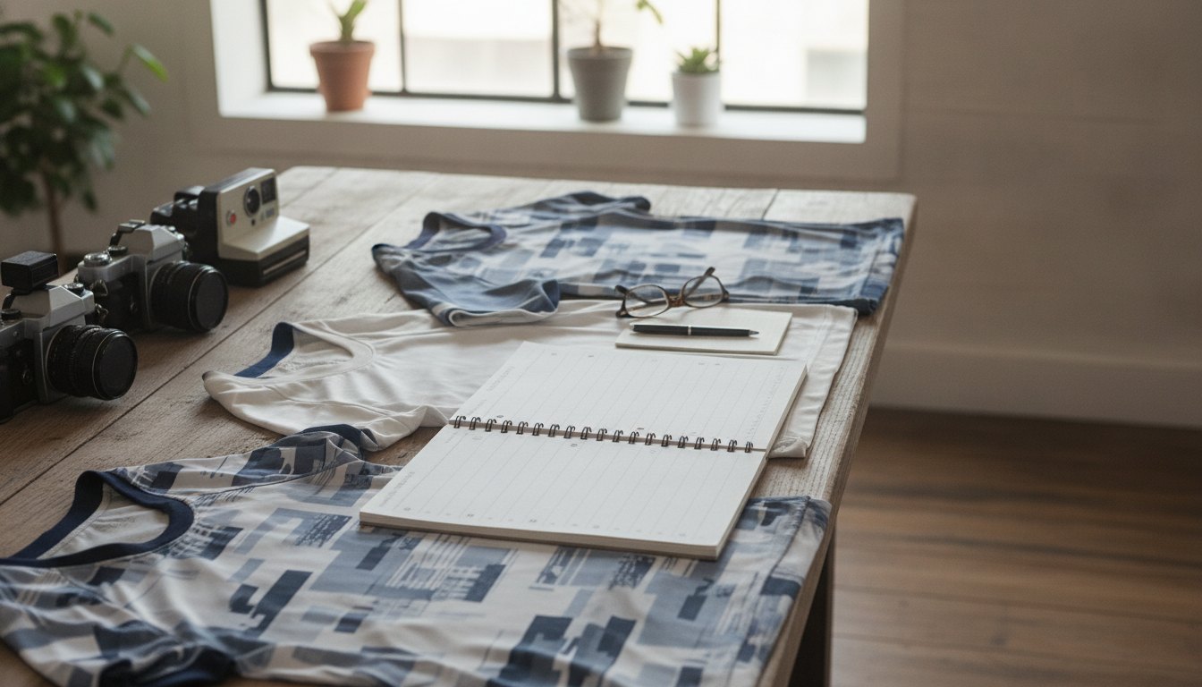 Camisas de futebol estendidas em uma mesa ao lado de câmeras e blocos de anotação.
