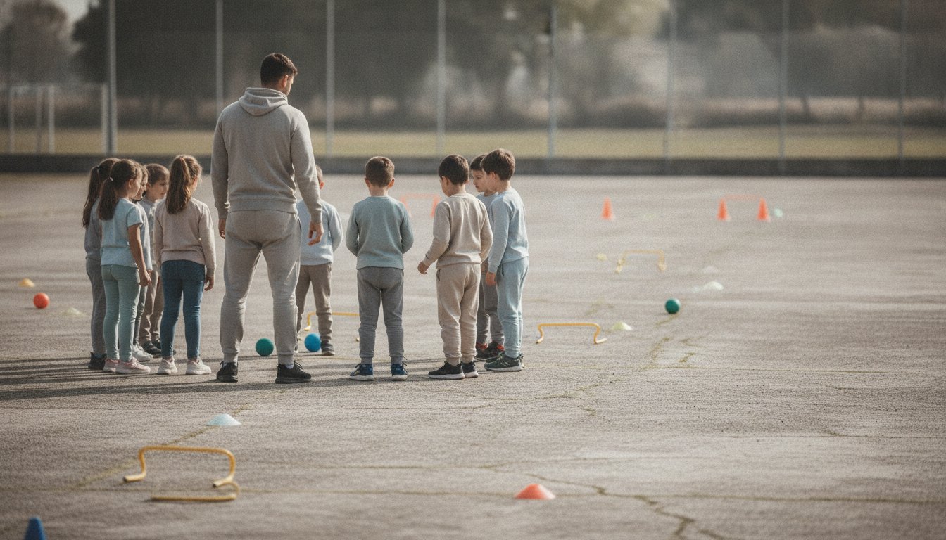 Atleta orienta grupo de crianças em quadra de cimento durante atividade esportiva ao ar livre.