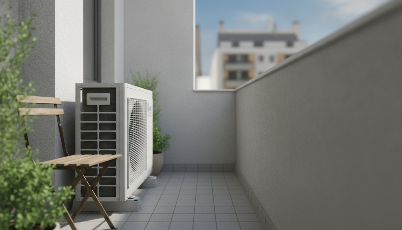Unidade externa de climatização instalada em uma varanda com pouco espaço lateral para a circulação.