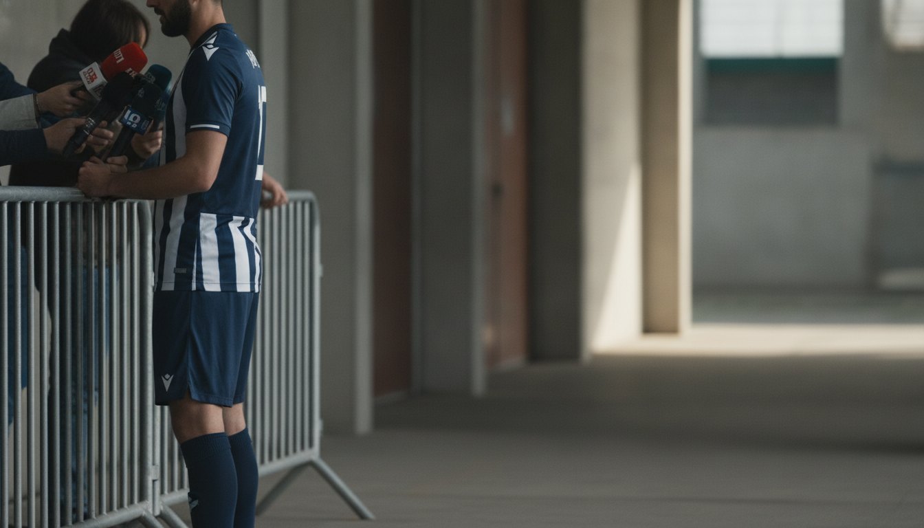 Repórteres com microfones atrás de grades de contenção entrevistando jogador de futebol uniformizado após partida.