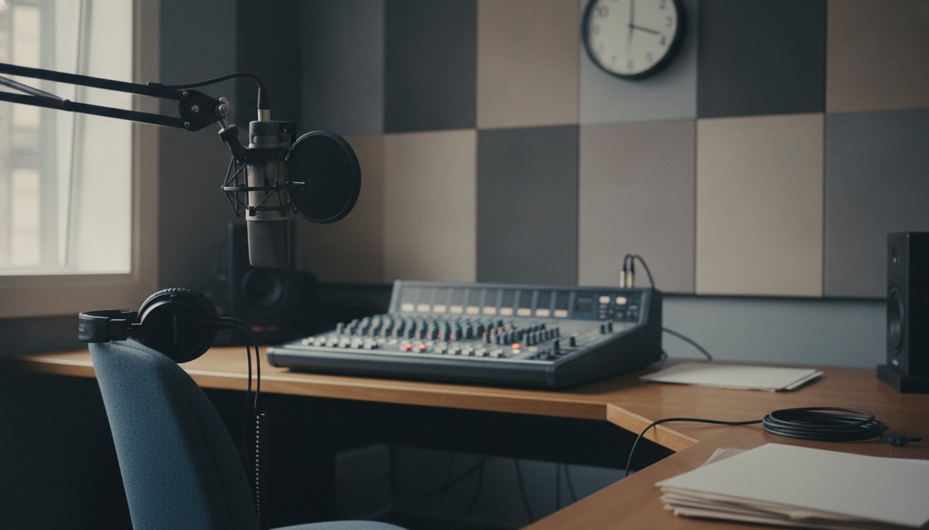 Artista com fones de ouvido falando ao microfone em estúdio de rádio local.