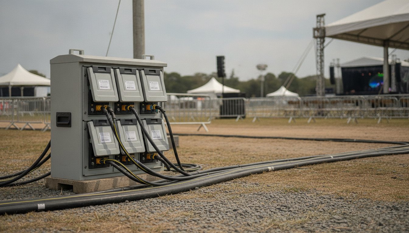 Quadro de distribuição elétrica temporário conectado a cabos grossos em uma área externa de eventos.