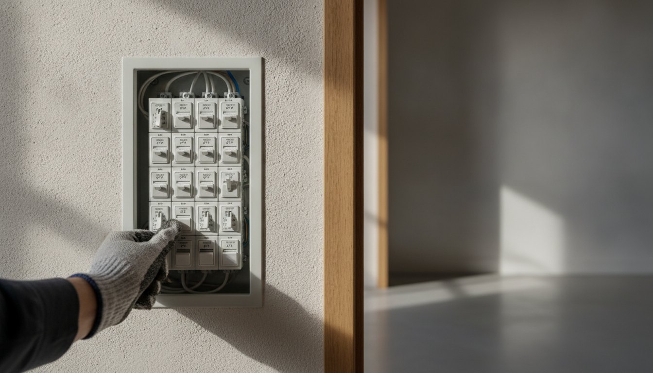 Mão desarmando os disjuntores de um quadro de distribuição de energia em uma parede residencial.