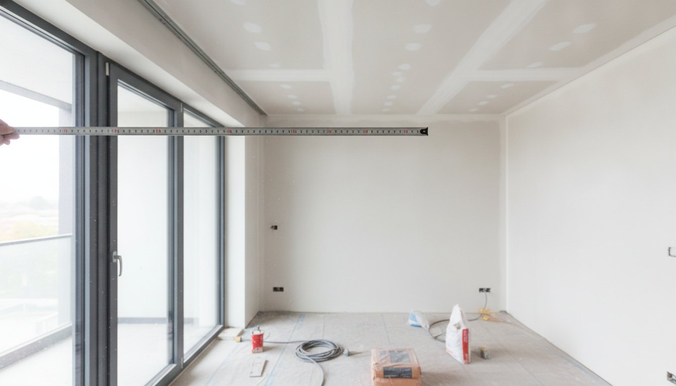 Profissional medindo a distância entre o forro de gesso e a janela de um apartamento.