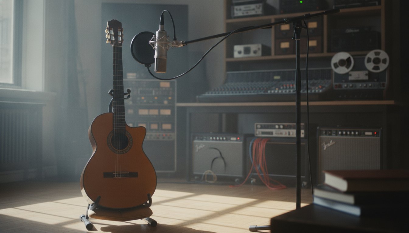 Músico tocando violão em um estúdio de gravação com microfone e equipamentos ao fundo.