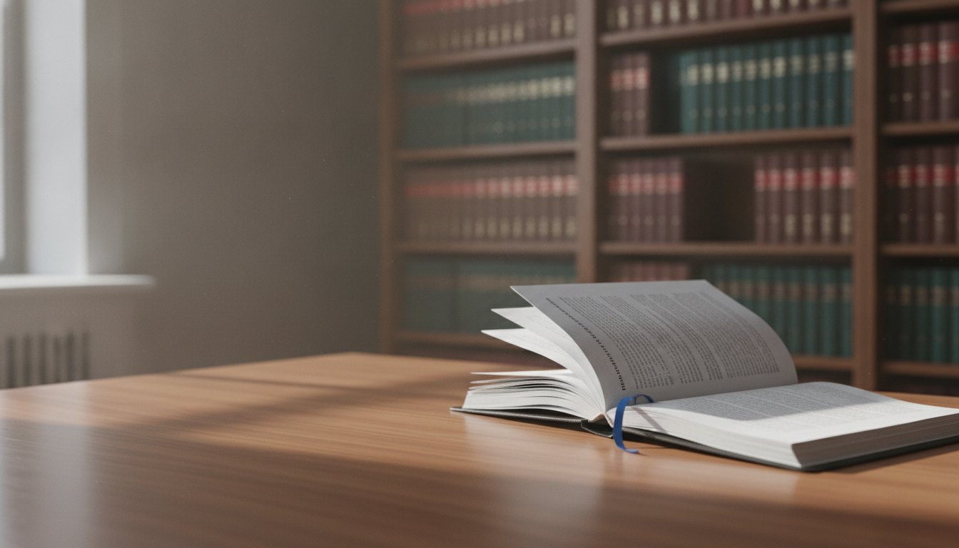 Profissional de direito lendo um processo em um escritório com estantes de livros ao fundo.