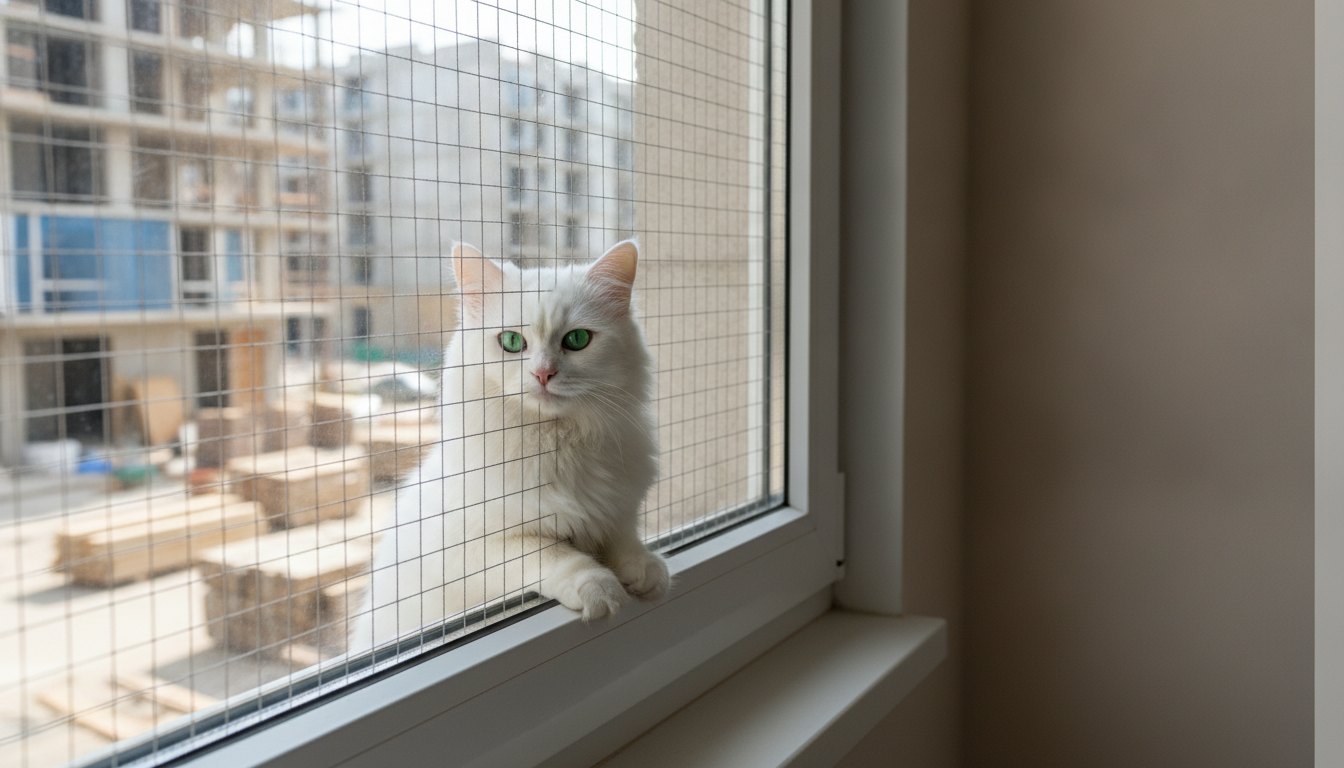 Gato branco observando a rua por uma rede de proteção instalada em janela de apartamento.