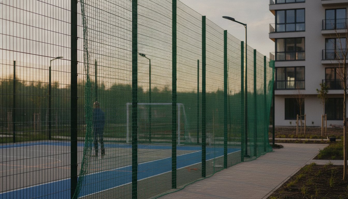 Trabalhador instalando uma rede de proteção em volta de uma quadra esportiva residencial