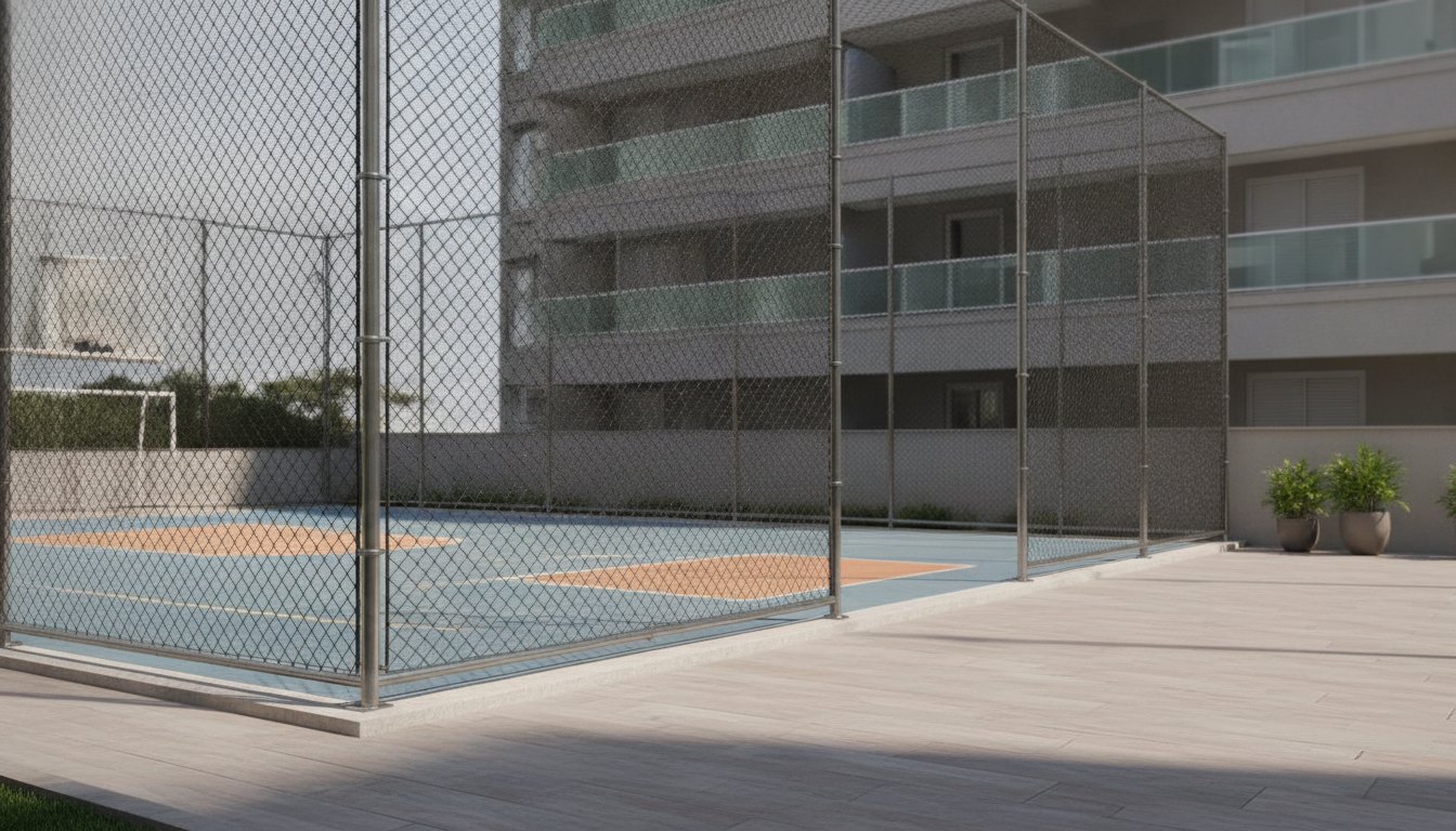 Quadra esportiva residencial com fechamento lateral em rede de proteção preta sustentada por postes metálicos.