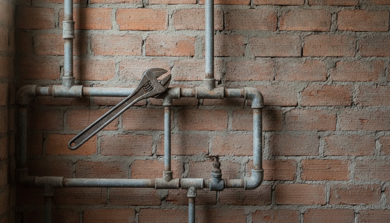 Operário utilizando chave de grifo em tubulação metálica exposta na parede de tijolos sem revestimento.