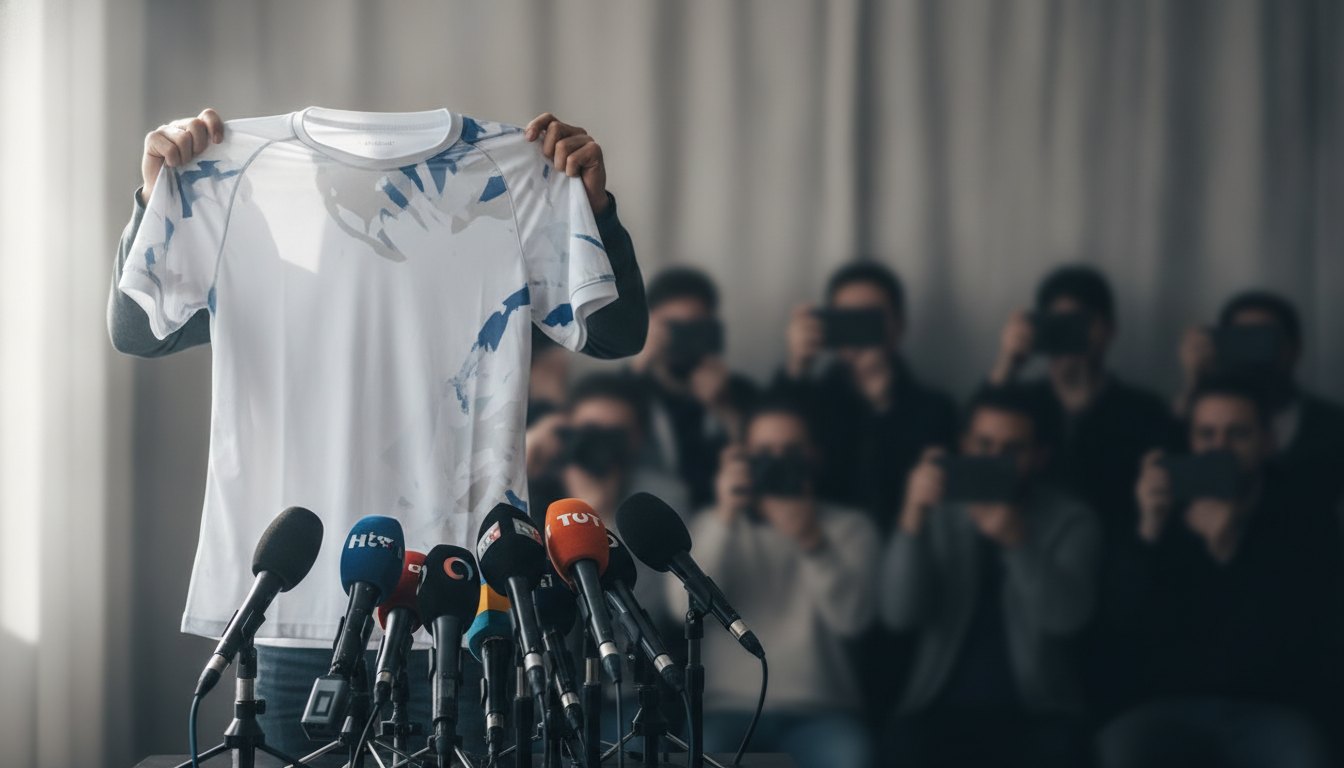 Jogador de futebol segurando a camisa do clube diante de microfones e repórteres.