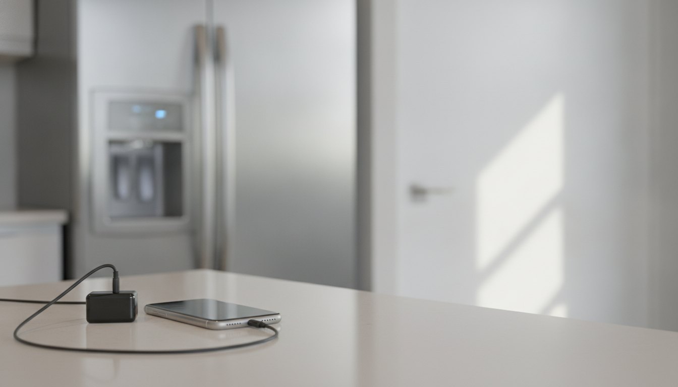 Smartphone conectado ao carregador sobre uma bancada clara ao lado de um refrigerador de aço inox.