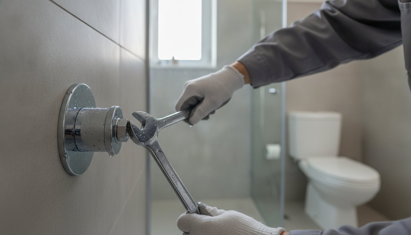 Profissional com chave inglesa ajustando o registro metálico de um chuveiro dentro do banheiro.